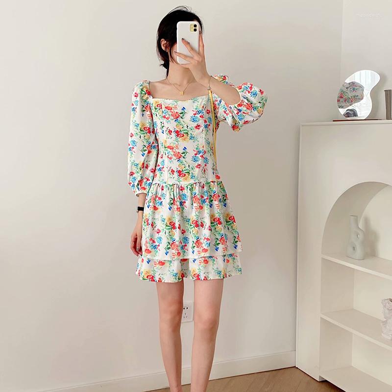

Casual Dresses 2022 Women High Quality Printing Square Collar 3/4 Sleeve Mini Dress Female Vintage Sweet Girl Lantern, Pink