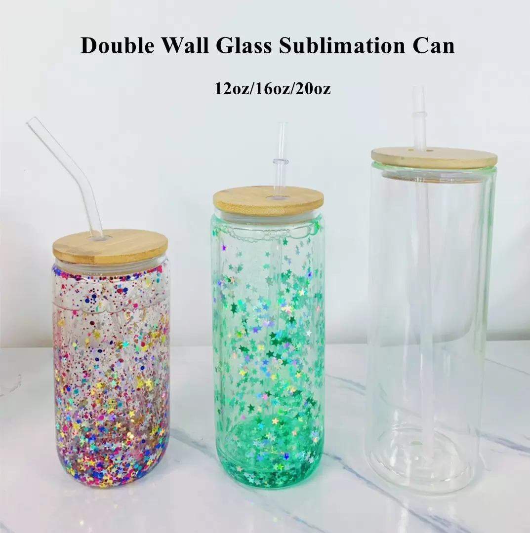 

Popular Sublimation Blanks Mugs Double Wall 16oz 20oz Straight Pre-drilled Snow Globe Tumblers Drinking Glasses Cups With Bamboo Lid And Reusable Straw, Clear
