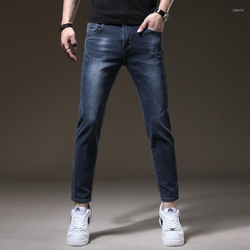 

Men' Jeans 2022 Spring Autumn Men' Stretch Slim Fit Male High Waist Casual Denim Trousers Solid Color Pencil Pants W496, 1921 blue