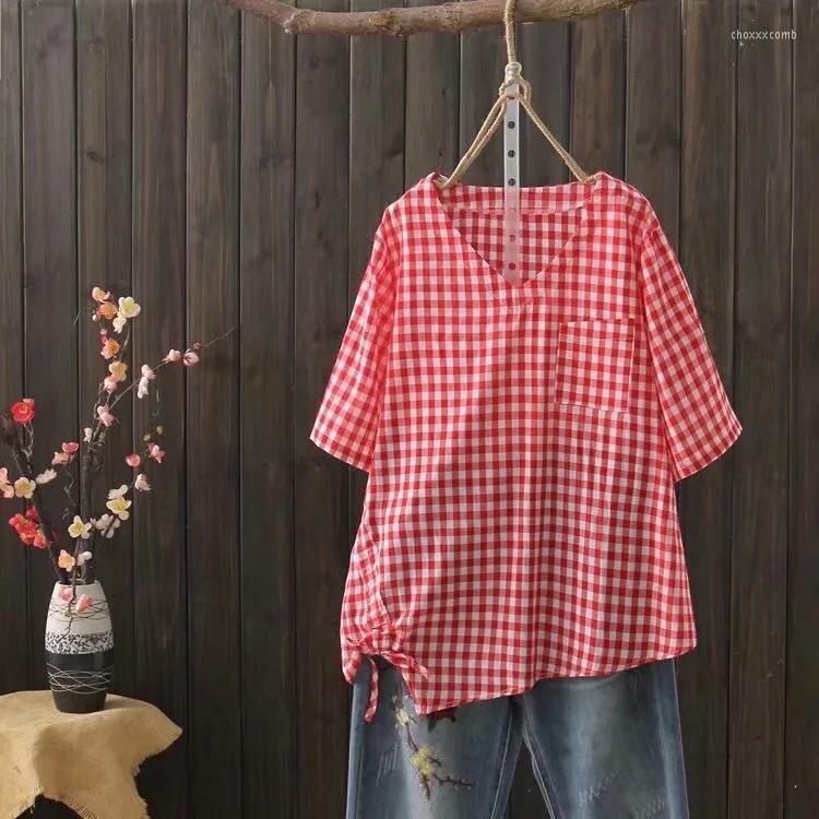 

Women's Blouses Women's & Shirts Artistic All-match Cotton And Linen V-neck Plaid Single Pocket Loose Irregular Short Sleeve Shirt 2022, Black