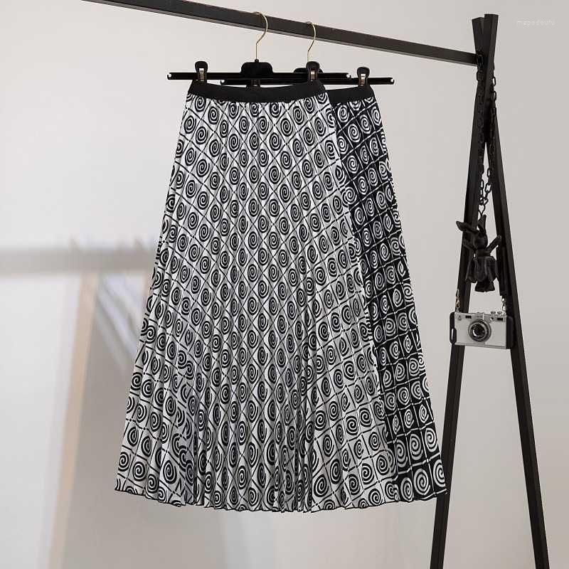 

Skirts Vintage Print Pleated Skirt Women Fashion 2022 Spring Summer A Line High Waist Long Mid-Calf Holiday Female Black White, Floral skirt 78