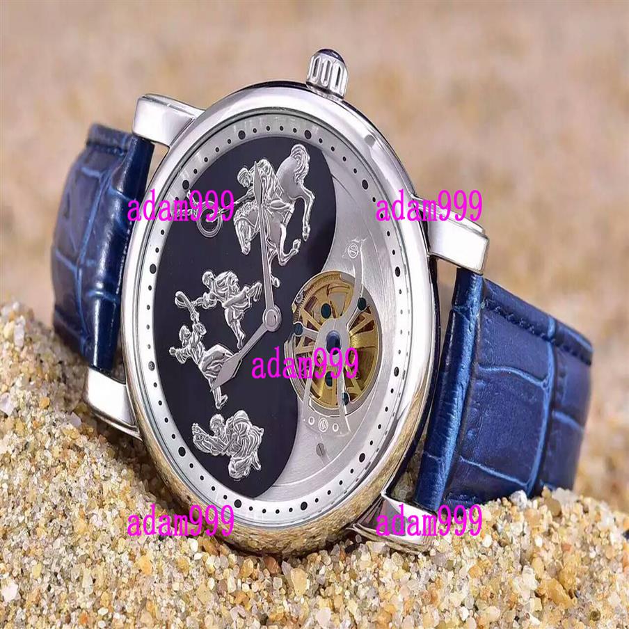 

Top Brand New Mens Luxury Automatic Watch Stainelss Genghis Khan Tourbillon Black Blue Face Leather Strap For Men Mechanical Wrist308L, Silver