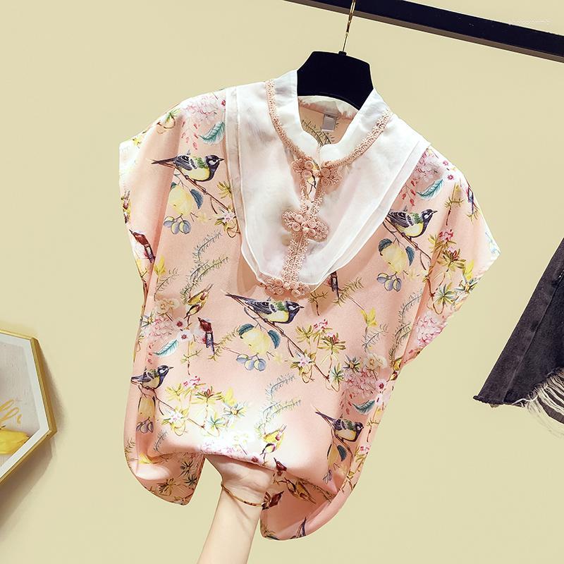 

Women' Blouses Women' & Shirts Chinese Cheongsam Button Design Short Sleeves Floral Chiffon Shirt Female Blouse Tops Blusas A3436, Green