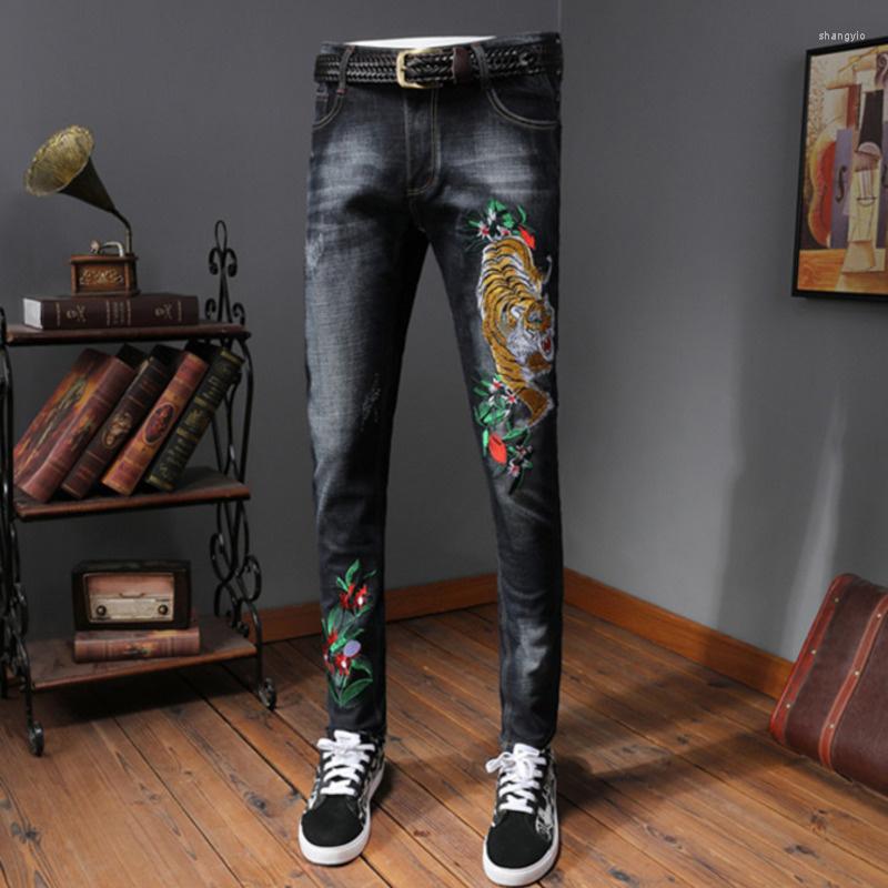 

Men's Jeans Embroidery Tiger Slim Homme Skinny Black Blue Denim Men Hip Hop Animal Planting Pattern Designer MenMen's, Blue black 8709