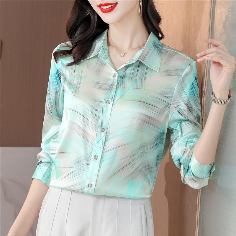 

Women' Blouses Silk Satin Loose Women' Fashion Printing Shirt Autumn Casual Long Sleeve Clothing & Shirts, Green