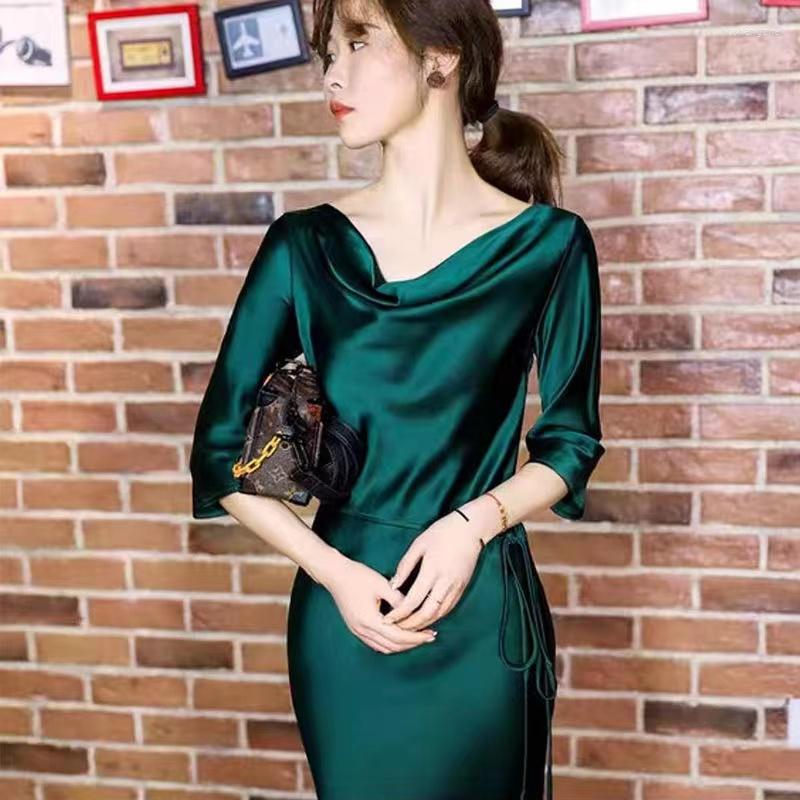 

Casual Dresses Female Clothing Spring And Summer Acetate Satin Dress Swing Collar Three-quarter Sleeves Waist Tie Solid Color Elegant, Black