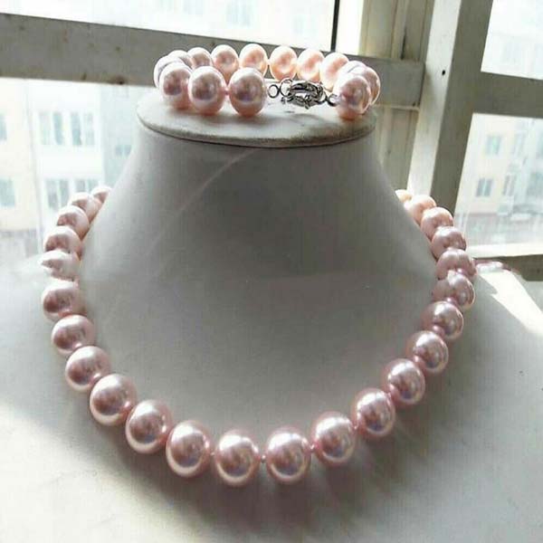 

12mm Pink Shell Pearl Round Beads Necklace Bracelet Set 18'' AAA