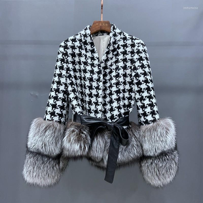 

Women' Fur Sheep Wool Blends Women Winter Jacket With Genuine Sliver Trim Cuff Soft Stand Collar Coats Belt Slim Female ClothWomen' & Faux, Picture color