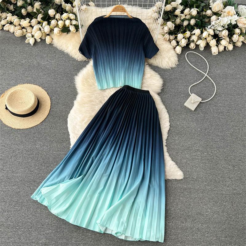 

Work Dresses Gradient Color Suit Female Celebrity Temperament Chiffon Short Sleeve Top High Waist Casual Pleated Skirt Two Piece Set, Blue