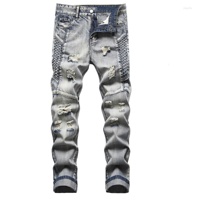 

Men's Jeans High Quality Men Casual Coated Slim Straight Pleated Biker Pants Male Denim Size 29-42 Man Trousers, Blue