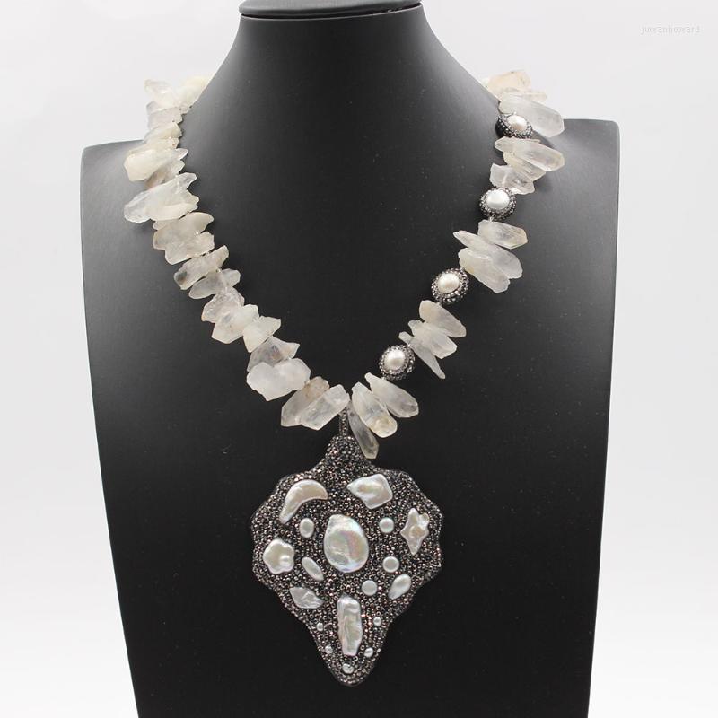 

Pendant Necklaces GuaiGuai Jewelry White Quartzs Rough Pearl Necklace Cultured Black Crystal Pave Big Handmade For WomenPendant