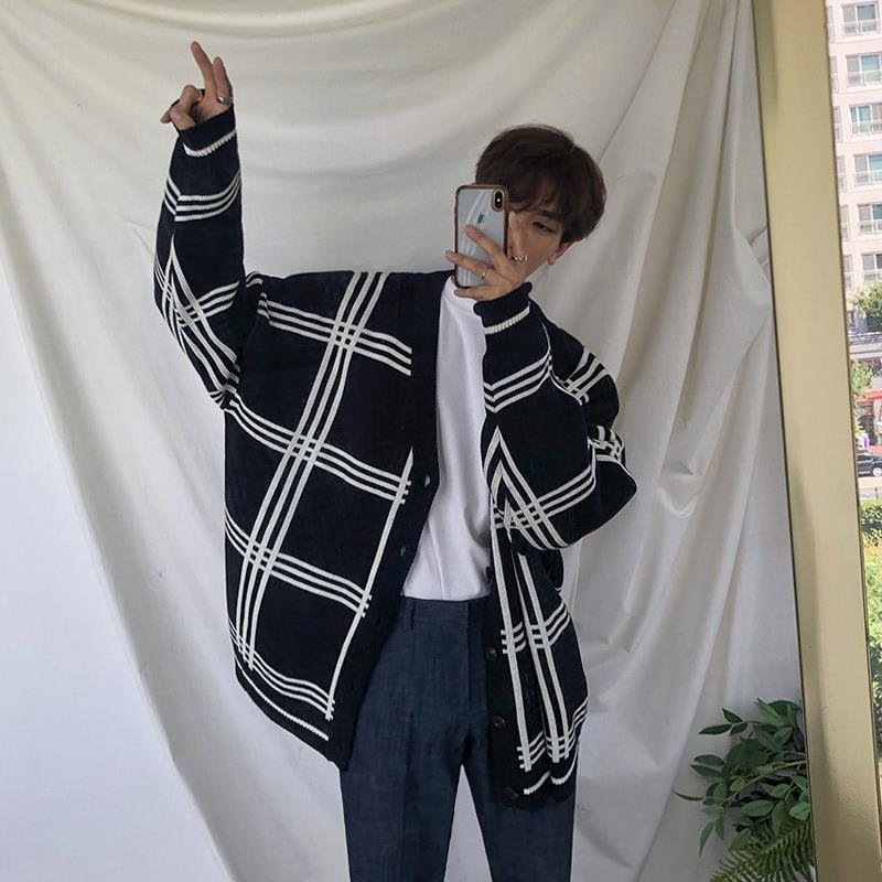 

Men's Jackets Autumn and Winter Sweater Men Retro Cardigan Loose Casual Korean Vneck Plaid Line Cardigan Sweater Men's Knit Winter Coats LL220826, Yellow