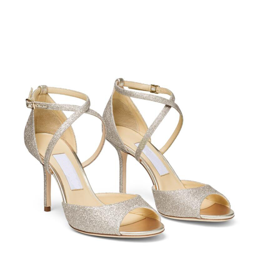 

Women high heels sexy sandal EMSY 85mm White Gold Particle Glitter Sandals lady wedding party dress pumps with box, As pics show
