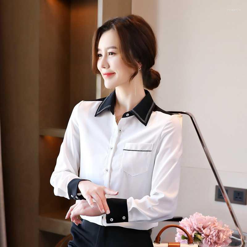 

Women' Blouses Chiffon Loose Women' Shirts Fashion Splicing Summer Casual Long Sleeve Top Korean Style 2022 ClothingWomen, White