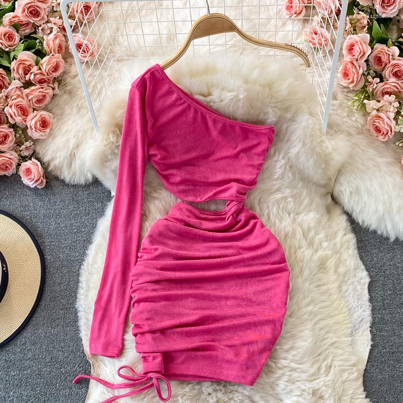 

Casual Dresses One Shoulder Off Dess Woman Chic Korean Fashion Pleated Bodycon Drawstring Hollow Out Knee Length Vestidos, Green