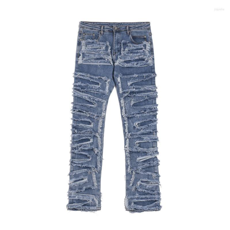 

Men's Jeans Iins High Street Hip-hop Heavy Industry Destruction Hole Patch Blue Y2K Trendy Men's Knife Cut Old Trousers, Beige