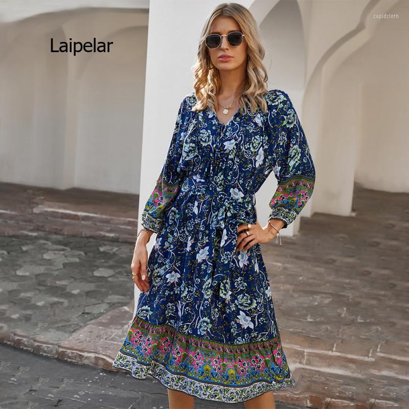 

Casual Dresses Ethnic Style Design European And American Fashion Women' Bohemian Holiday Summer Flower Print DressCasual, Blue