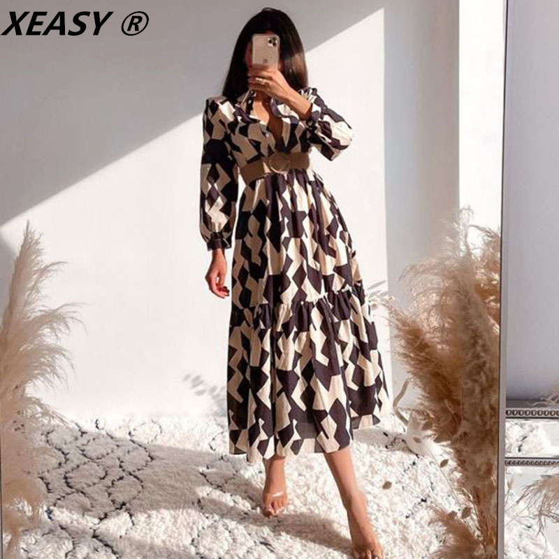 

Casual Dresses XEASY Women Fashion Geometric Print Ruffled Midi Dress Vintage Lapel Buttonup Female Streetwear Chic Vestidos 220826, As shown