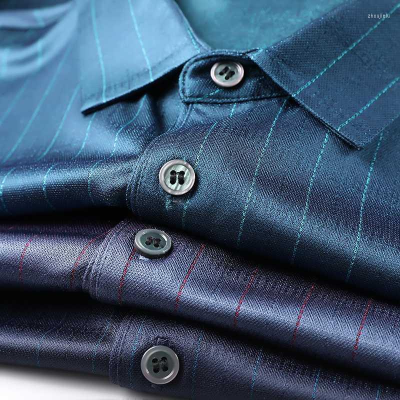 

Men's Polos Sericulture Silk Blended Flowing Easy Pressed Short Sleeve Shirt Summer Business Men's Striped Lapel T-shirtMen's, Blue