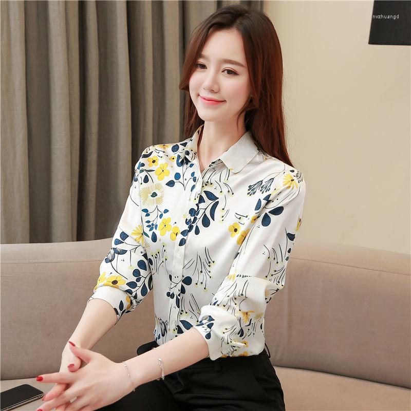 

Women' Blouses Satin Loose Women' Fashion Flower Printing Shirt Summer Casual Long Sleeve Female ClothingWomen' & Shirts, Yellow