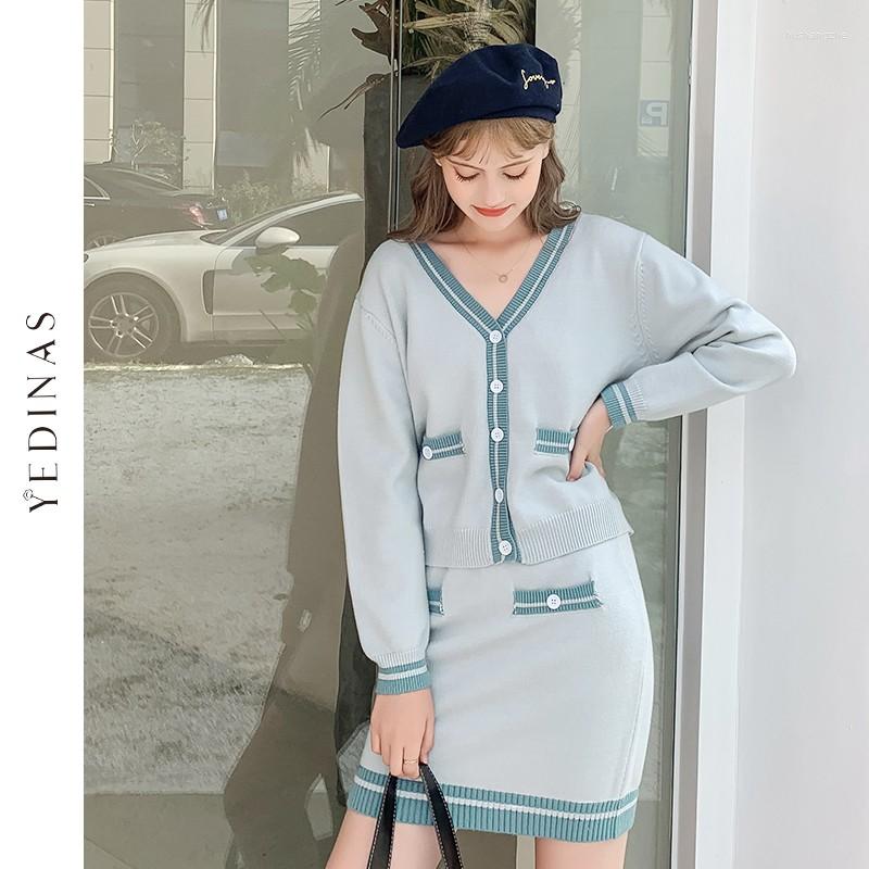 

Work Dresses Yedinas Fashion Women Sweater Two Piece Set V Neck Long Sleeve Button Top Shirt And Mini Skirt Casual Autumn Sets For, Green