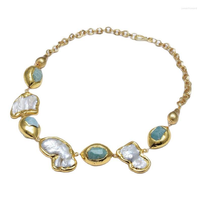 

Pendant Necklaces GuaiGuai Jewelry Natural White Baroque Pearl Freedom Shape Gold Plated Green Amazonite Nugget Chain Necklace Handmade For