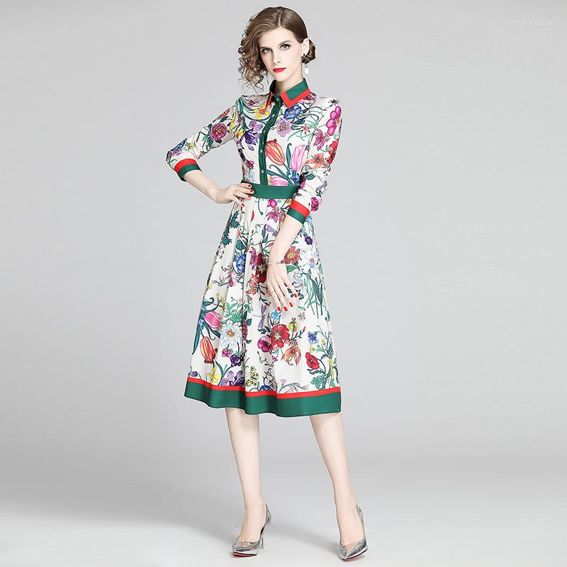 

Casual Dresses Vintage Shirt Overlay Flower Print Dress Women Single-Breasted Wrist Sleeve Fit And Flare Slim Swing Party Elegant Midi, Picture color