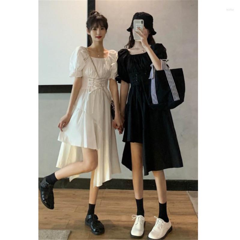 

Casual Dresses Women's Summer Design Irregular Waist Closing First Love Dress Student Bubble Sleeve Sweet Cool Skirt Black Strap
