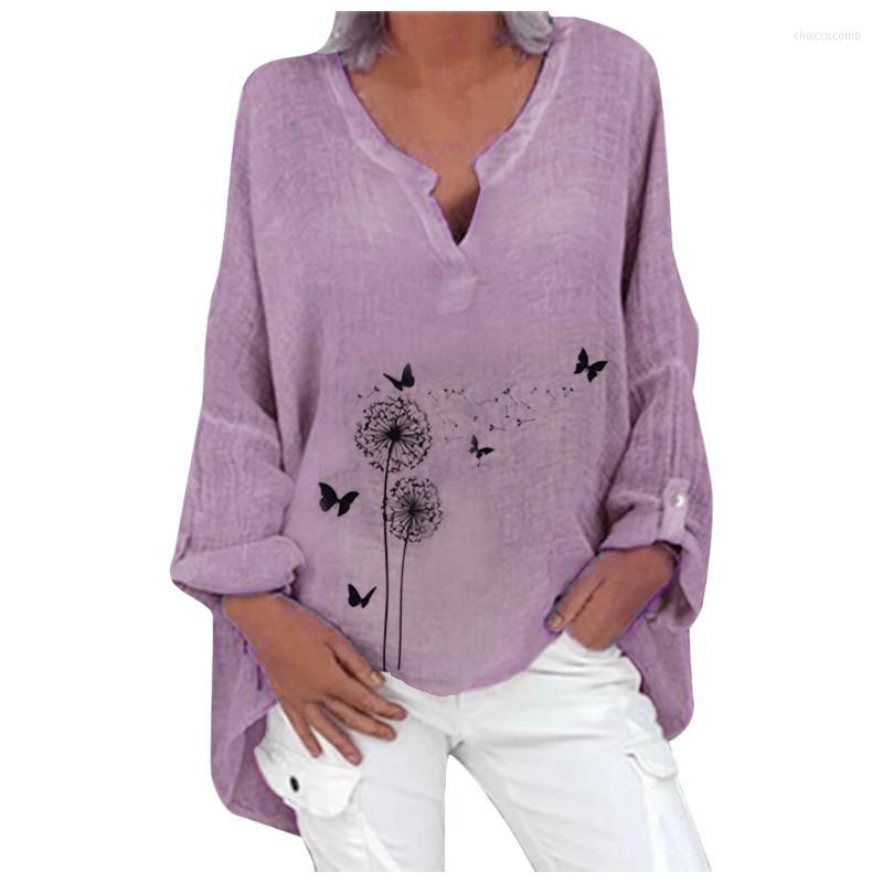 

Women's Blouses Women's & Shirts Plus Size Cotton And Linen Women Vintage Butterfly Dandelion Flower Print V-neck Shirt Casual Loose, Pink