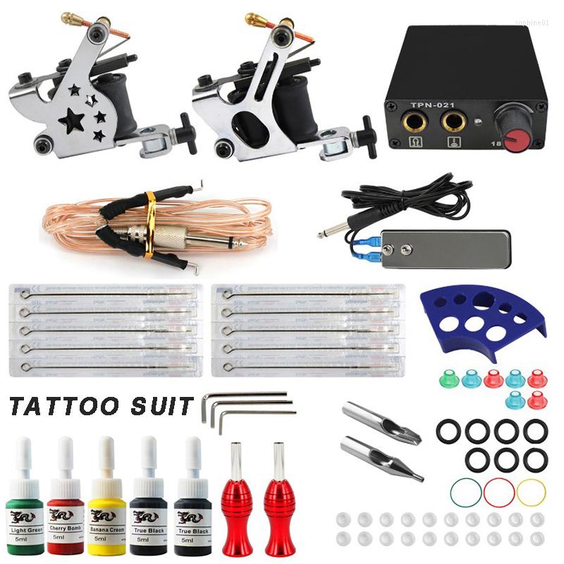 

Tattoo Guns Kits Basic Kit Set 2 Machine Grip 10 Needles Tatoo Power Supply US Plug 5ML 5 Color Pigment Beginner Art Tool