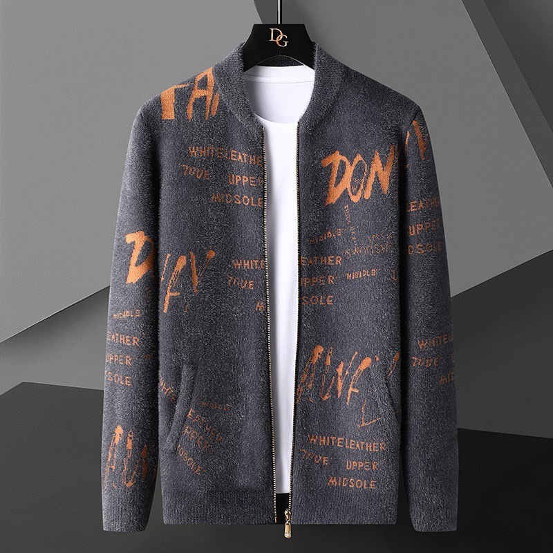

Men's Jackets High end quality cardigan sweater men's spring and autumn Korean version handsome leisure letter jacquard zipper knitted coat 220826, Dark grey