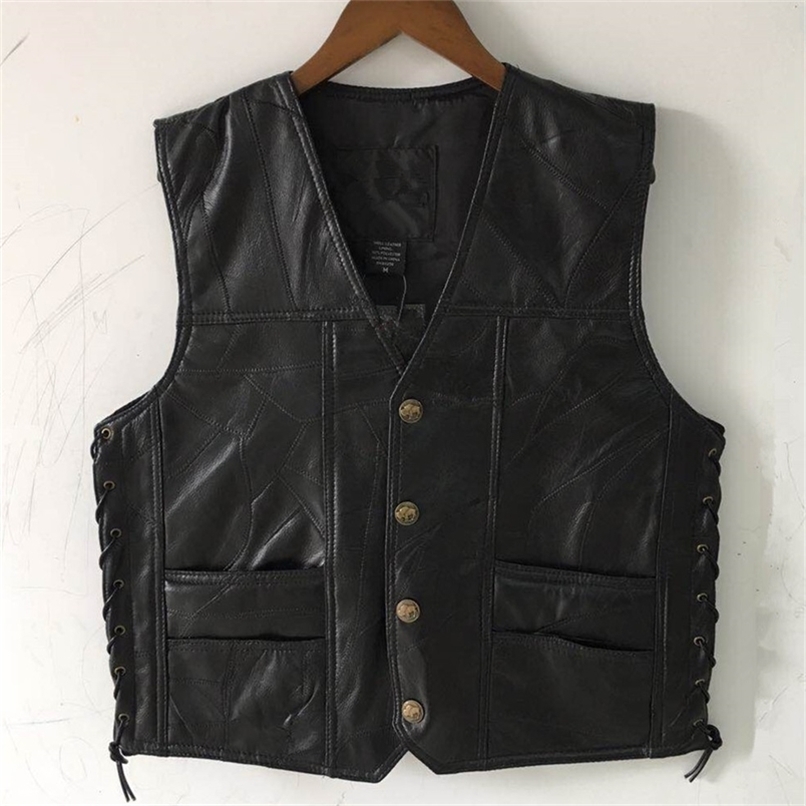 

Men's Vests Men's Leather Stitching V-neck Vest Fashion Sheepskin Single-Breasted Vest 220826, Black