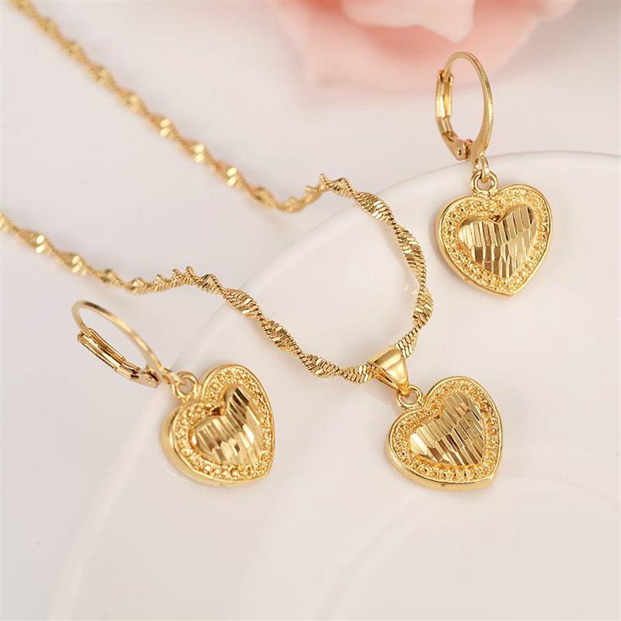 

18 k Solid gold GF Necklace Earring Set Women Party Gift Dubai love heart crown Jewelry Sets bridal party gift DIY charms girls260w, Golden