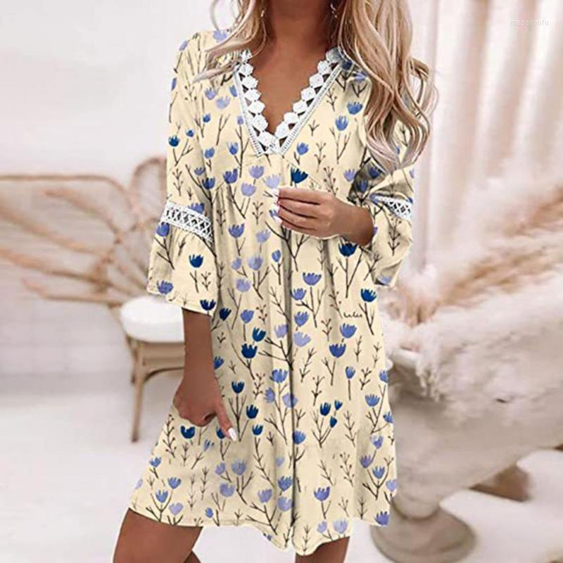 

Casual Dresses Summer Style Boho Mini Dress Women Ladies Loose Print 3/4 Flare Sleeve V-Collar Button Holiday Beach Sundress, Khaki