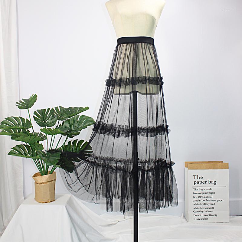 

Skirts Women Pleated Mesh Sheer Lace Tutu Long Maxi Skirt Ladies Perspective Transparent See Through Black White