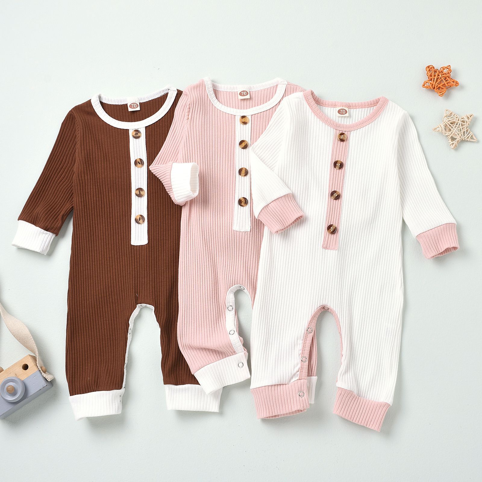 

Autumn and Spring Newborn ribbed romper long sleeve knitted button kids boys one piece, Options