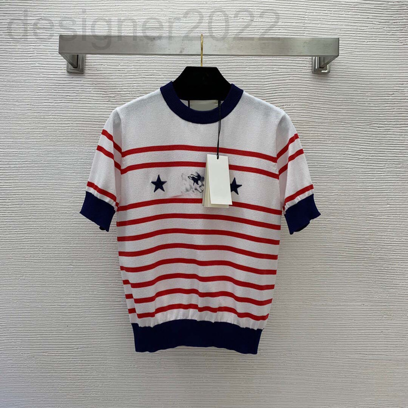 Women's Sweaters designer Summer fine yarn Tencel knitted fabric embroidery heavy industry color contrast stripe short sleeve Knitted Top IR