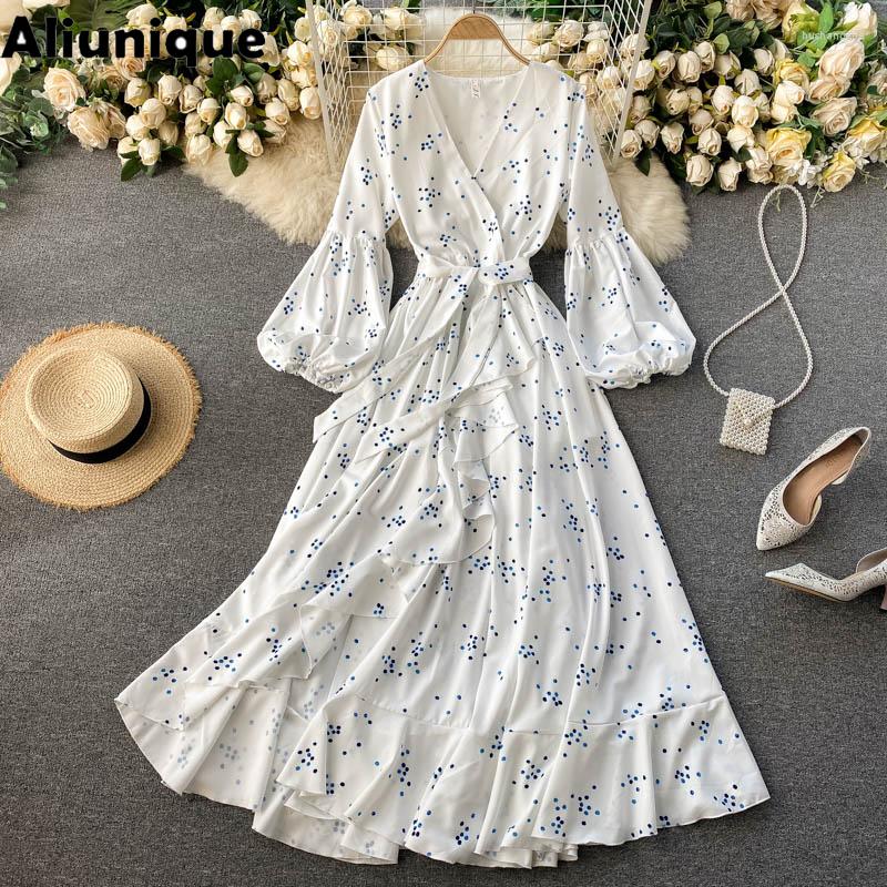 

Casual Dresses Aliunique Chic Dot Floral Long Dress For Women 2022 Summer Fashion Leisure Ruffle Temperament Office Lady DressCasual, White