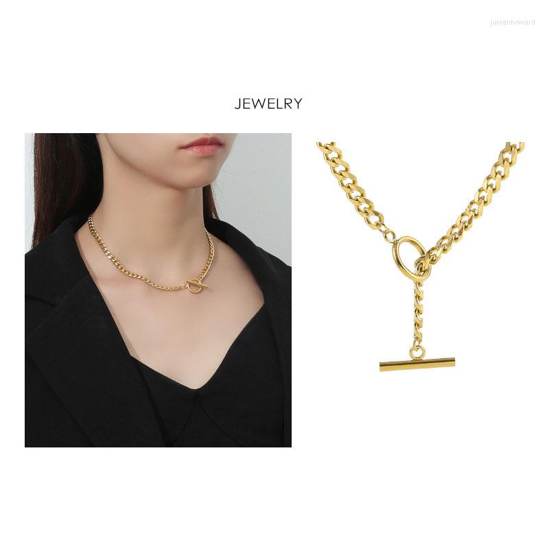 

Chains Cuban Necklace Gold Simple Clothing Accessories Clavicle Side Chain Titanium Steel Jewelry OT Buckle Texture GiftChains