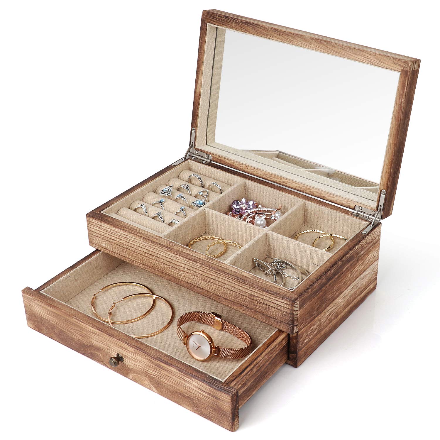 

Jewelry Boxes Box Organizer For Women 2 Layer Large Storage Case Rustic Wooden With Mirror Ring Tray Necklace Earring Bracelets Rings amuVr