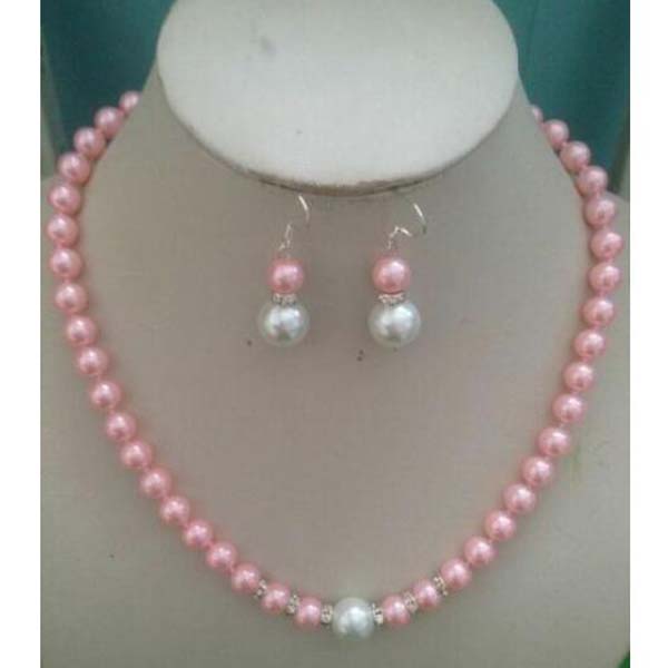 

8MM Pink /White South Sea Shell Pearl necklace earrings set AAA Grade