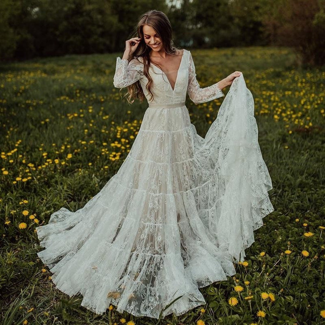 

Bohemian Lace Wedding Dresses Backless Bridal Gowns Long Sleeves Deep V Neck A Line Sweep Train Tulle robe de mariee, Blue