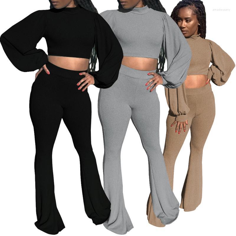 

Women' Tracksuits 67W8353 Spring And Autumn Women' Fashion Casual Bell Bottoms Lantern Sleeve High Elastic Rib Suit 2 Piece Set Women, Black