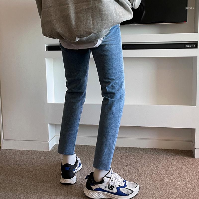 

Men's Jeans Korean Mens Denim Trousers Fashion Chic Spring Winter Light Blue Slim Mid Waist Straight Ankle-length Pants 2022