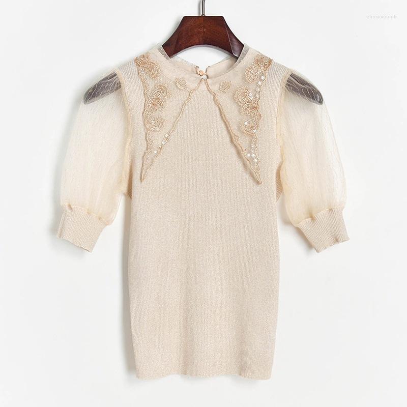 

Women' Blouses Women' & Shirts Ladies Blouse Women Slim Knitted T Shirt Summer Tops Shiny Gold Lapel Lace Collar Mesh Spliced Puff, Beige