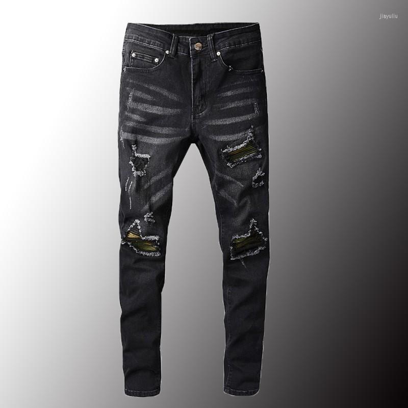 

Men's Jeans Minglu Men's Streetwear Black Stretch Denim Biker Slim Skinny Holes Ripped Pencil Pants Trousers High Quality Size 40, Black 688