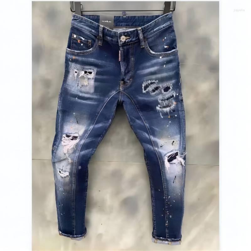 

Men's Jeans Tattered Paint Stitching Men's Slim Stretch Light Blue Embroidered Motorcycle Pants T125