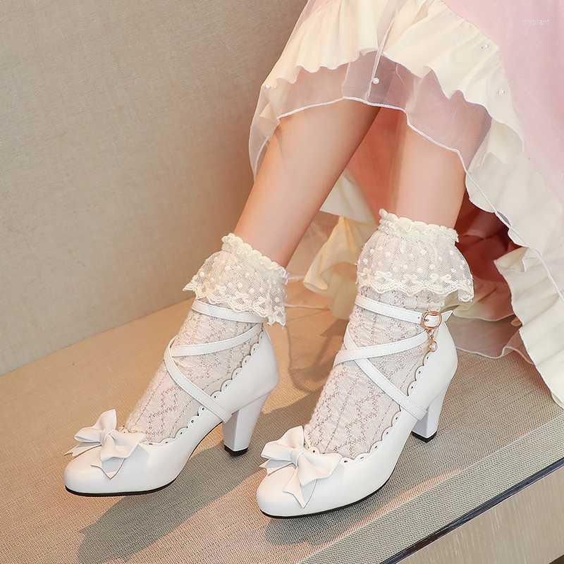 

Dress Shoes Women Plus Size 22-28cm Feet Length Cross Tie Bow Lace Cute Lolita Strap Buckle Girls For 3 ColorDress, Black