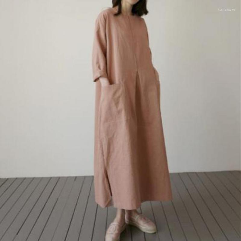 

Casual Dresses 2022 Summer Japanese Simple Solid Color Split Loose Slimming Pocket All-match Women Linen Dress Tide, Orange red
