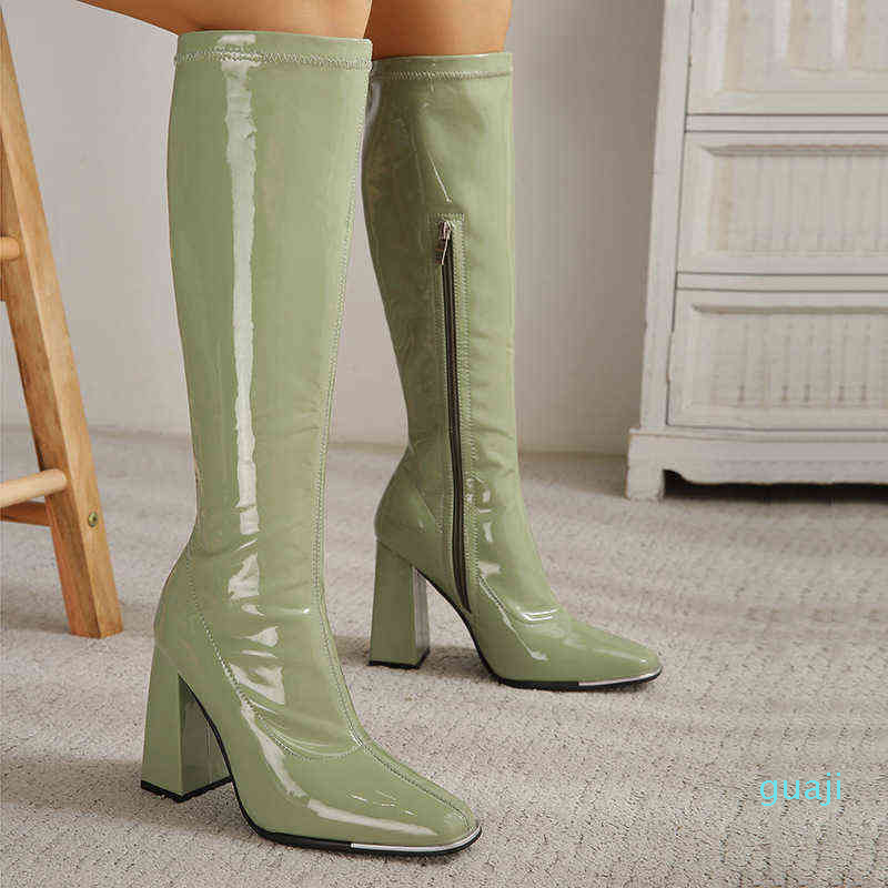 

Winter Shoes Woman Boots Square Head Thick Heel Bright Leather High Long Tube Women Boots Large Side Zipper Middle, Black